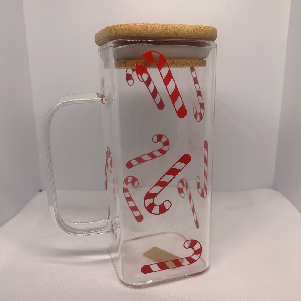Square cup with handle, bamboo lid, and straw